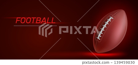 Realistic American football ball. Sport championship banner. Competitive game. Leather play accessory with lace seam for rugby. Professional league. Vector competition flyer design Realistic American football ball. Sport championship banner. Competitive game. Leather play accessory with lace seam for rugby. Professional league. Vector competition flyer design 139459830