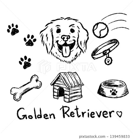 Golden Retriever doodle set, hand drawn dog breed head with collar, ball and house. Sketch pet animal elements, canine portrait. Golden Retriever collection 139459833