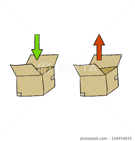 Isometric open box set, hand drawn cardboard carton package sketch. Green down arrow, red up arrow sign, import export trade flow. Delivery shipping concept. Isometric open box set, hand drawn cardboard carton package sketch. Green down arrow, red up arrow sign, import export trade flow. Delivery shipping concept. 139459835