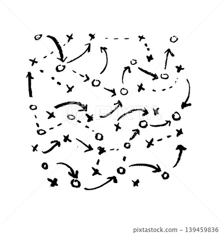 Football tactic board, hand drawn arrows crosses circles ink set. Sport strategy plan, game direction black white doodle. Team movement chart, play diagram collection Football tactic board, hand drawn arrows crosses circles ink set. Sport strategy plan, game direction black white doodle. Team movement chart, play diagram collection 139459836