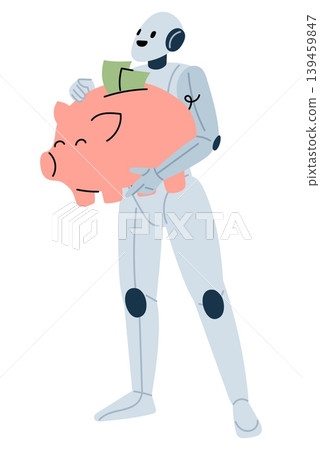 Robot holds piggy bank with money in hands. Artificial intelligence protects savings or finances. Futuristic AI technology. Android with moneybox. Financial investment. Vector concept Robot holds piggy bank with money in hands. Artificial intelligence protects savings or finances. Futuristic AI technology. Android with moneybox. Financial investment. Vector concept 139459847
