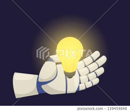 Robots arm holds glowing light bulb. Artificial intelligence generates new ideas. Searching innovation solution. Android brainstorm. Robotic hand. Lightbulb of invention. Vector concept Robots arm holds glowing light bulb. Artificial intelligence generates new ideas. Searching innovation solution. Android brainstorm. Robotic hand. Lightbulb of invention. Vector concept 139459848