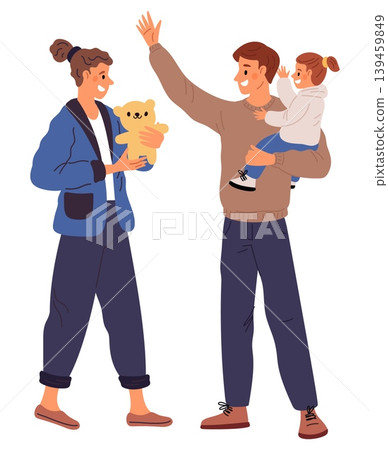 Smiling mother gives child soft toy. Happy young family. Joyful couple with toddler. Father holding baby in hands. Parents walking together with little daughter. Vector parenthood concept Smiling mother gives child soft toy. Happy young family. Joyful couple with toddler. Father holding baby in hands. Parents walking together with little daughter. Vector parenthood concept 139459849