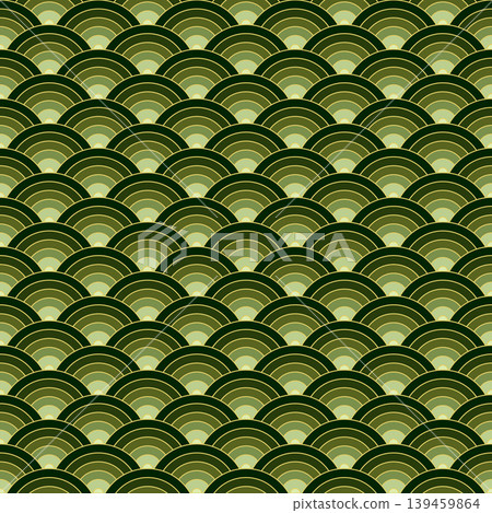 Seigaiha, a classic Japanese pattern of overlapping concentric circles arranged in rows, creating waves or fan-like sea crest, in a monochromatic green palette, from forest greens to earthy sage. Seigaiha, a classic Japanese pattern of overlapping concentric circles arranged in rows, creating waves or fan-like sea crest, in a monochromatic green palette, from forest greens to earthy sage. 139459864
