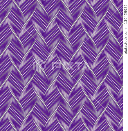 Seamless pattern of flowing, silver-white lines against a rich purple background. The curved lines intersect to create a woven texture that resembling a high-tech fabric or a stylized metallic braid. Seamless pattern of flowing, silver-white lines against a rich purple background. The curved lines intersect to create a woven texture that resembling a high-tech fabric or a stylized metallic braid. 139459923
