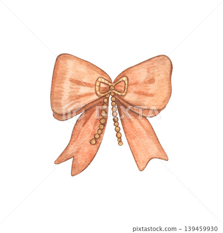 An orange bow with pebbles in the center. Watercolor illustration of a holiday accessory. Set baby schover. It is ideal for invitations, gift wrapping, nursery decor, posters and holiday-themed. An orange bow with pebbles in the center. Watercolor illustration of a holiday accessory. Set baby schover. It is ideal for invitations, gift wrapping, nursery decor, posters and holiday-themed. 139459930