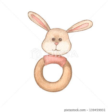A baby pacifier with a cute pink rabbit. Watercolor illustration for baby shower holiday. A toy for a child. Ideal for newborns, nursery decor, invitations, posters, packaging and children's projects. A baby pacifier with a cute pink rabbit. Watercolor illustration for baby shower holiday. A toy for a child. Ideal for newborns, nursery decor, invitations, posters, packaging and children's projects. 139459931