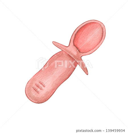 Baby pink spoon, pacifier. Watercolor illustration of a baby element for feeding a girl. Baby shower holiday. Perfect for decor, invitations, posters, packaging and children's projects. 139459934
