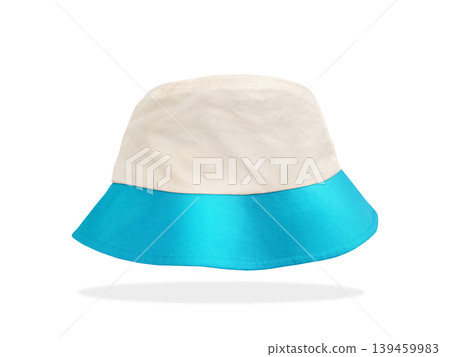 A blue and white bucket hat on a white background. A blue and white bucket hat on a white background. 139459983