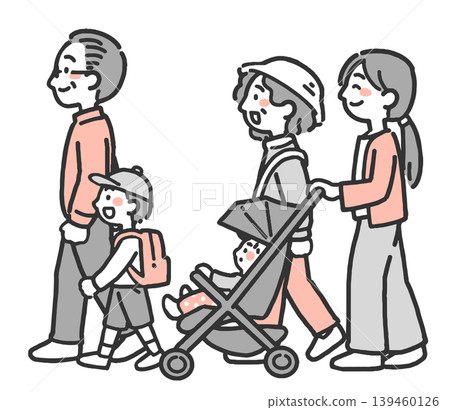 A two-color illustration depicting a mother pushing a stroller with a baby in it, and an elderly couple and their child. A two-color illustration depicting a mother pushing a stroller with a baby in it, and an elderly couple and their child. 139460126