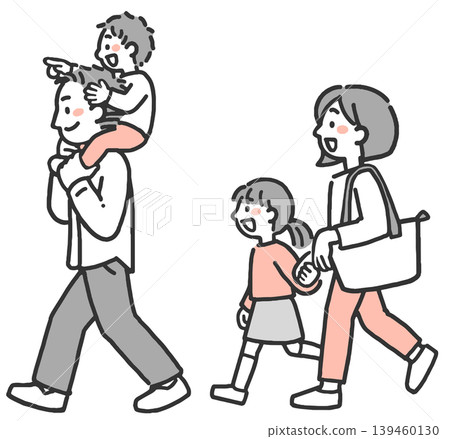 A two-color illustration of a family of four: young parents and their children going out. A two-color illustration of a family of four: young parents and their children going out. 139460130