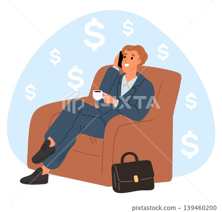 Successful businessman in suit sits in chair and talks on phone about money and business. Rich man on armchair. Dollar currency. Investment commerce success. Financial deal. Vector concept Successful businessman in suit sits in chair and talks on phone about money and business. Rich man on armchair. Dollar currency. Investment commerce success. Financial deal. Vector concept 139460200