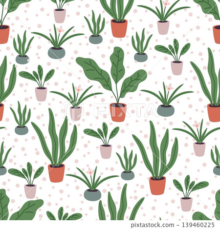 Variety of houseplants and flowers in colorful ceramic pots seamless pattern. Repeated print. Indoor palm and fern ficus in flowerpots. Succulent foliage. Vector botanical background 139460225