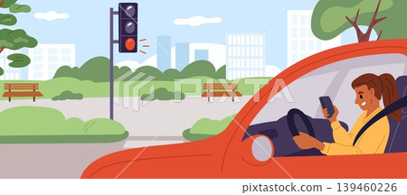 Woman driving car is distracted and looks at her phone while riding through red light. Traffic rules. Automobile at road. Female using smartphone at transport wheel. Vector concept Woman driving car is distracted and looks at her phone while riding through red light. Traffic rules. Automobile at road. Female using smartphone at transport wheel. Vector concept 139460226
