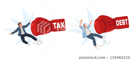 Young men knocked off their feet by red boxing glove with words tax and debt. Boxer fist attacks. Hand punch of loan pressure. Financial crisis. Businessman bankruptcy. Vector concept Young men knocked off their feet by red boxing glove with words tax and debt. Boxer fist attacks. Hand punch of loan pressure. Financial crisis. Businessman bankruptcy. Vector concept 139460228