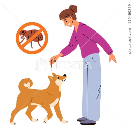 Young woman applies flea treatment to her dog. Preventing pests on domestic animals. Parasite bites prevention. Doggy owner dripping insect repellent. Mammal grooming. Vector concept 139460229