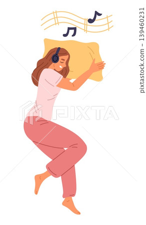 Young woman sleeps and listens to music for good deep slumber. Sweet dreams. Girl lying on pillow with headphones. Musical notes. Nighttime rest. Comfortable sleeping. Vector concept Young woman sleeps and listens to music for good deep slumber. Sweet dreams. Girl lying on pillow with headphones. Musical notes. Nighttime rest. Comfortable sleeping. Vector concept 139460231