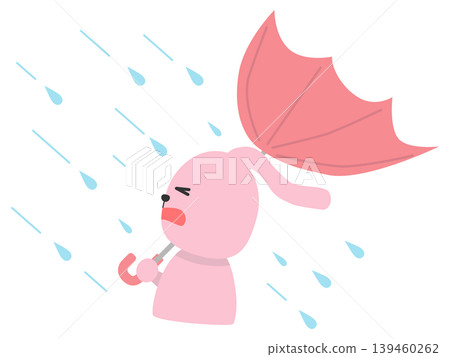 一幅插圖描繪了一隻兔子，它的雨傘因為下雨和大風而壞了，導致它無法行走。 139460262