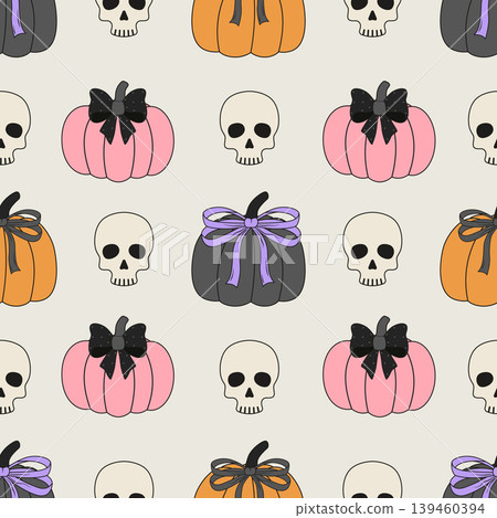 Seamless Halloween pattern featuring skulls, pumpkins, and coquette bows. 139460394