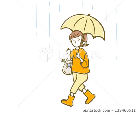 一位女士在雨中行走,她撐著傘,手裡提著購物袋。 一位女士在雨中行走,她撐著傘,手裡提著購物袋。 139460511