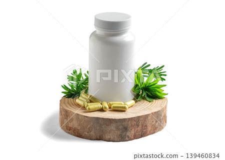 White blank bottle with natural herbal supplements or plant based capsules and green leaves White blank bottle with natural herbal supplements or plant based capsules and green leaves 139460834