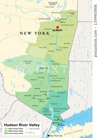 Hudson River Valley, U.S. state of New York, political map, stretching from the Capital District including Albany and Troy south to Yonkers in Westchester County, bordering New York City. Vector Hudson River Valley, U.S. state of New York, political map, stretching from the Capital District including Albany and Troy south to Yonkers in Westchester County, bordering New York City. Vector 139460906
