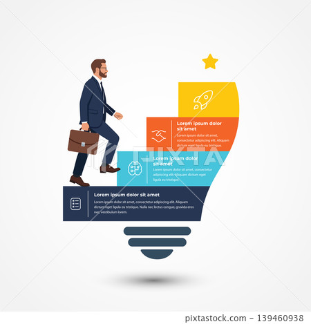 Man in suit with briefcase climbing stairs within a light bulb infographic 139460938