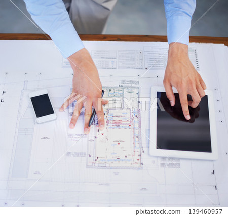 Architecture blueprint, hands and tablet or screen for planning, design strategy and development. Professional person, contractor and engineering on digital technology with floor plan solution above 139460957