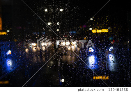 Rainy Night City Lights Bokeh. Abstract Urban Background with Raindrops. Rainy Night City Lights Bokeh. Abstract Urban Background with Raindrops. 139461288