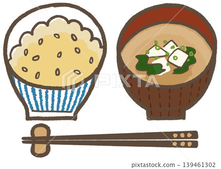 Brown rice (blue stripes) and miso soup (tofu and wakame seaweed), with a simple, cute, and stylized hand-drawn illustration (Lifestyle Series). Brown rice (blue stripes) and miso soup (tofu and wakame seaweed), with a simple, cute, and stylized hand-drawn illustration (Lifestyle Series). 139461302