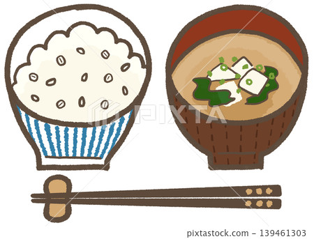 味噌湯配糯大麥（藍色條紋）和豆腐，以及簡潔可愛的手繪插圖（生活方式系列） 139461303