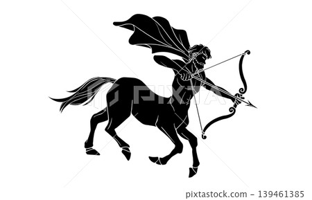A black and white illustration of a centaur shooting an arrow (with a white outline). A black and white illustration of a centaur shooting an arrow (with a white outline). 139461385