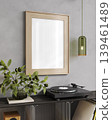 Vertical wooden frame mockup in stylish bright interior, ISO A paper size, 3d rendering 139461489