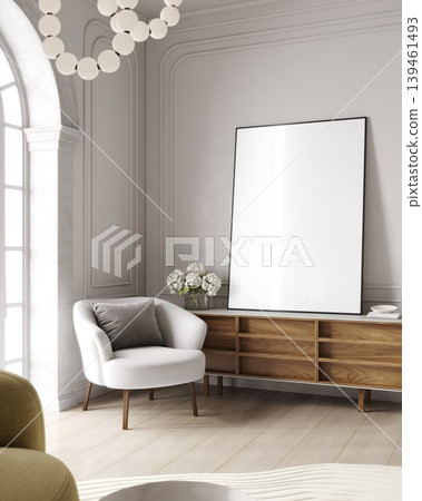 Elegant Living Room Poster Frame Mockup with Natural Light and Minimalist Decoration. 3D rendering Elegant Living Room Poster Frame Mockup with Natural Light and Minimalist Decoration. 3D rendering 139461493