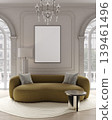 Poster mockup in elegant classic living room interior with sofa and chandelier, ISO A paper size 139461496