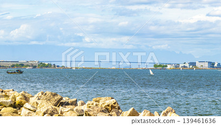 Landscape panorama coastline boats mountains Niteroi Rio de Janeiro Brazil. Landscape panorama coastline boats mountains Niteroi Rio de Janeiro Brazil. 139461636