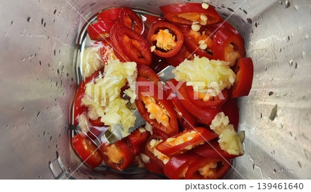 Sliced Red Chili Peppers and Minced Garlic in a Stainless Steel Blender Container Sliced Red Chili Peppers and Minced Garlic in a Stainless Steel Blender Container 139461640