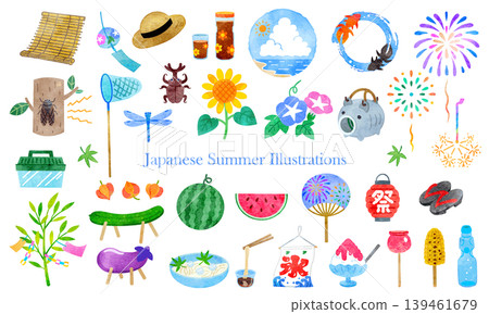 Japanese Summer Illustration Set - Hand-Painted Watercolor Japanese Summer Illustration Set - Hand-Painted Watercolor 139461679