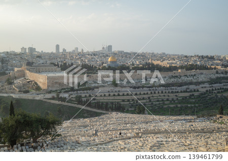 [Jerusalem] The Old City and Jewish Cemetery at sunset, viewed from the Mount of Olives viewpoint. 139461799