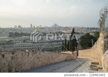[Jerusalem] The Old City at sunset, viewed from a sloping road surrounded by the wall of the Mount of Olives. 139461803