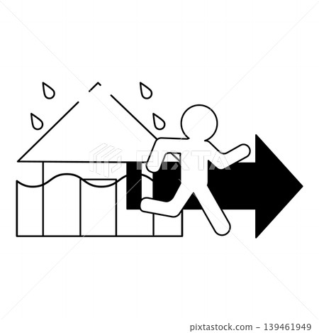 Line drawing illustration of people evacuating from a flooded house and arrows. Line drawing illustration of people evacuating from a flooded house and arrows. 139461949