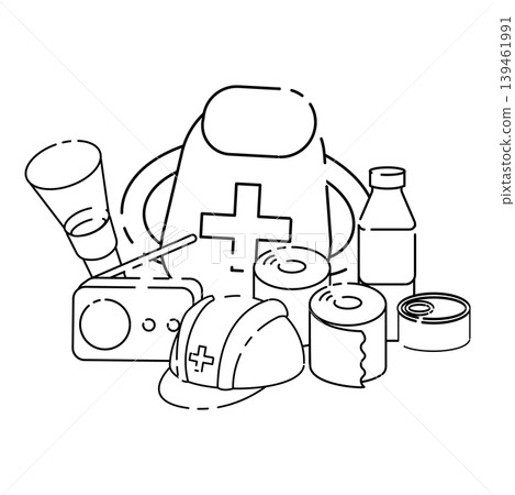 A line drawing illustration of disaster prevention supplies and emergency supplies. A line drawing illustration of disaster prevention supplies and emergency supplies. 139461991