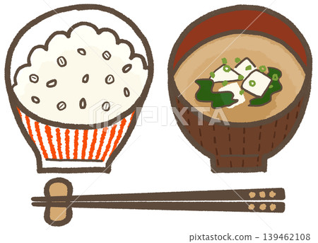 Barley (red striped) and miso soup (tofu and wakame seaweed), with a simple and cutely stylized illustration (Lifestyle Series) 139462108