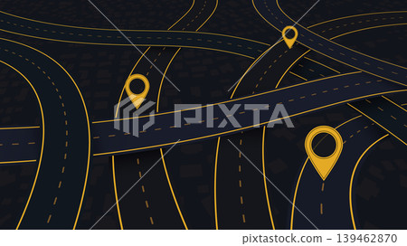 Large abstract roads, lines intersect in various directions. Routes leading to specific goal points. Black background. Vector, illustration. Large abstract roads, lines intersect in various directions. Routes leading to specific goal points. Black background. Vector, illustration. 139462870