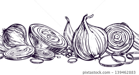 Hand drawn sketch of onion, sliced vegetable and onion ring. Graphic ink illustration of bulb for cooking, organic farm produce and menu design. Detailed outline for food packaging. Hand drawn sketch of onion, sliced vegetable and onion ring. Graphic ink illustration of bulb for cooking, organic farm produce and menu design. Detailed outline for food packaging. 139462883