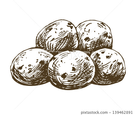 Hand drawn sketch of baby potato pile. Vegetable illustration in graphic line art style. Monochrome ink drawing for farm harvest, cooking menu, organic food packaging and grocery store design. Hand drawn sketch of baby potato pile. Vegetable illustration in graphic line art style. Monochrome ink drawing for farm harvest, cooking menu, organic food packaging and grocery store design. 139462891