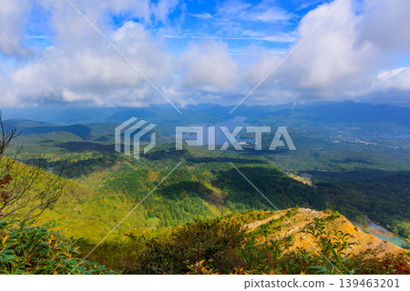 A panoramic view of Ura-Bandai from Mount Bandai, featuring the autumn foliage of Lake Hibara, Lake Onogawa, and Lake Akimoto. October, Fukushima Prefecture. A panoramic view of Ura-Bandai from Mount Bandai, featuring the autumn foliage of Lake Hibara, Lake Onogawa, and Lake Akimoto. October, Fukushima Prefecture. 139463201