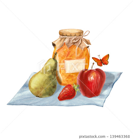 Fruit and jam on a napkin. Watercolor isolated composition for decorating a bakery, cafe, or store. Fruit and jam on a napkin. Watercolor isolated composition for decorating a bakery, cafe, or store. 139463368