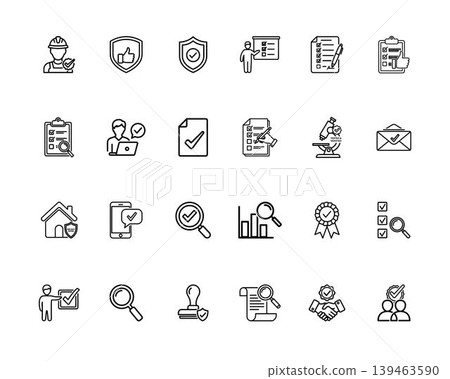 Business icons set, flat vector, checklist, approval, quality control, research, and security symbols, isolated on a white background. Business icons set, flat vector, checklist, approval, quality control, research, and security symbols, isolated on a white background. 139463590