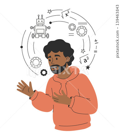 Black Man Engineer Talking Enthusiastically About Robotics and Mechanics. Neurodiversity, Autistic at Work, Knowledge and Hobby. Person with Gears and Math Formulas. Minimalist Vector Illustration. 139463843